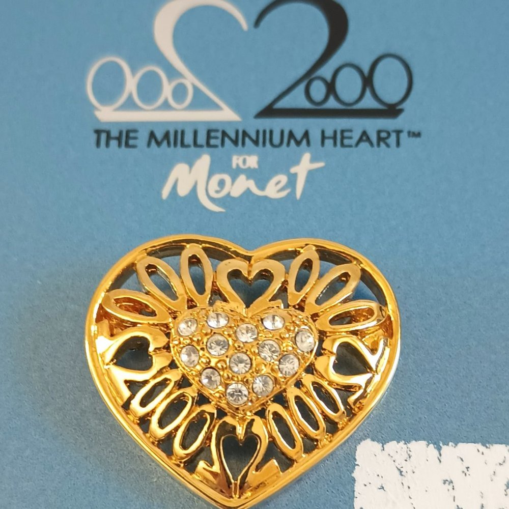 Monet Gold Millennium Heart Brooch with Crystal Pave Center Open Work 2000 Pin